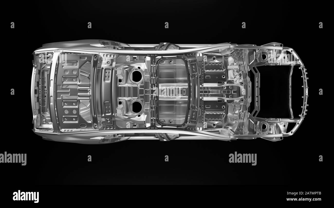 Side view of production sedan car stainless steel or aluminium body and chassis frame. Metallic vehicle framing base isolated against black background Stock Photo