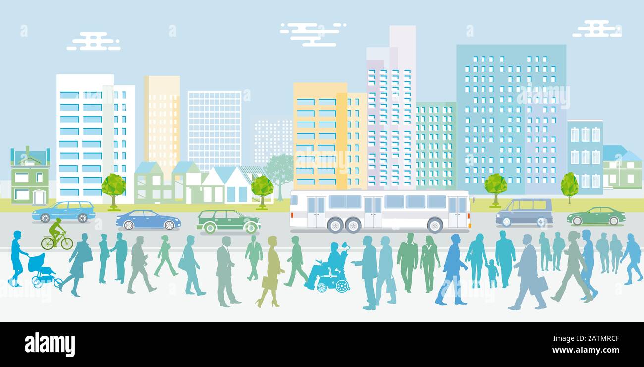Big city with pedestrians, bus and cars Stock Photo - Alamy