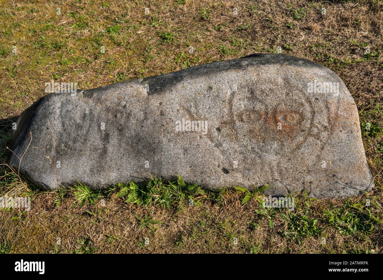 Ancient petroglyphs displayed outside Nuyumbalees Cultural Centre in Cape Mudge village, Quadra Island, British Columbia, Canada Stock Photo