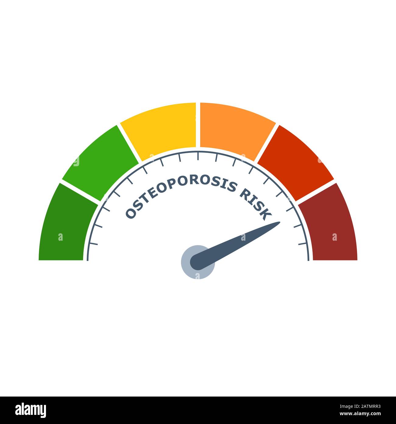 Color scale with arrow from green to red. Osteoporosis risk measuring device icon. Sign tachometer, speedometer, indicators. Colorful infographic gaug Stock Vector