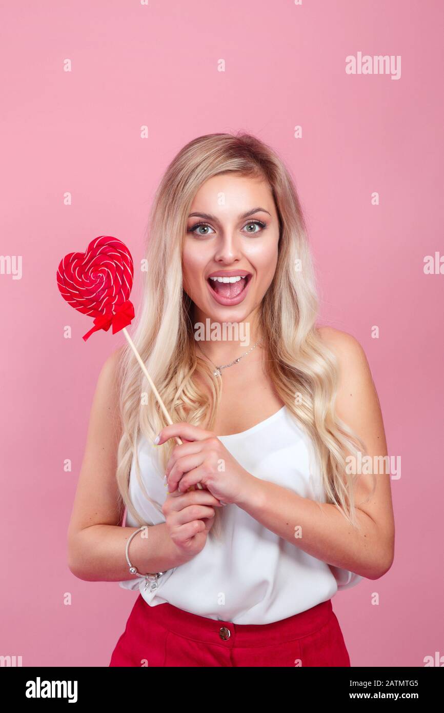 Vintage Valentines Day Card Blonde Girl With Lollipop and Hearts