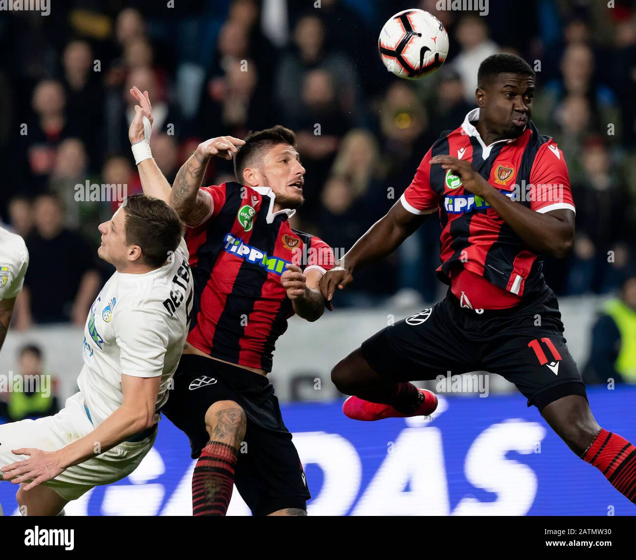 BUDAPEST, HUNGARY - FEBRUARY 1: (r-l) Mayron George of Budapest Honved, Bence Batik of Budapest Honved and Andrii Nesterov of Mezokovesd Zsory FC in action during the Hungarian OTP Bank Liga match between Budapest Honved and Mezokovesd Zsory FC at Nandor Hidegkuti Stadium on February 1, 2020 in Budapest, Hungary. Stock Photo