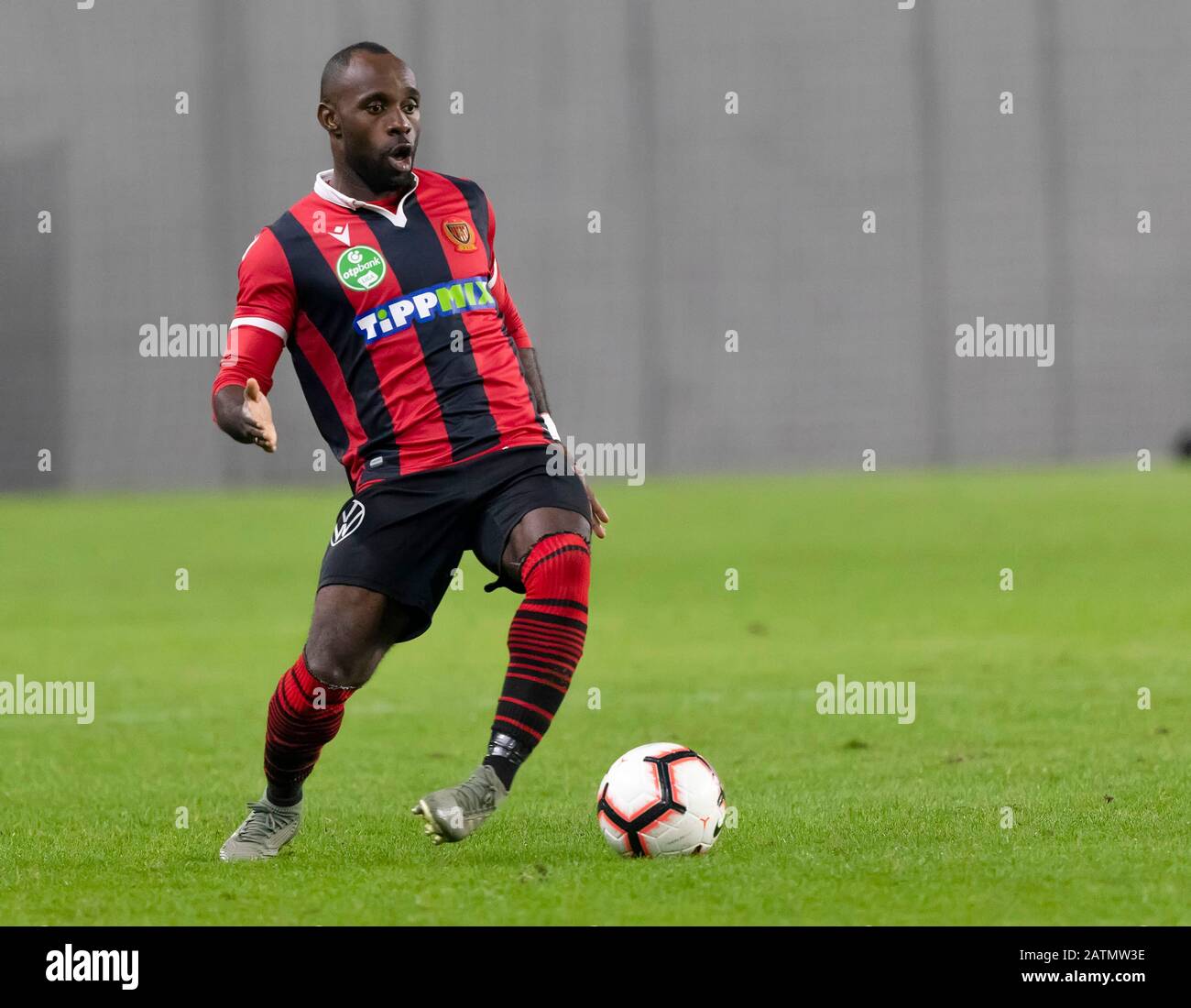 BUDAPEST, HUNGARY - FEBRUARY 1: Eke Uzoma of Budapest Honved controls the  ball during the Hungarian OTP Bank Liga match between Budapest Honved and  Mezokovesd Zsory FC at Nandor Hidegkuti Stadium on