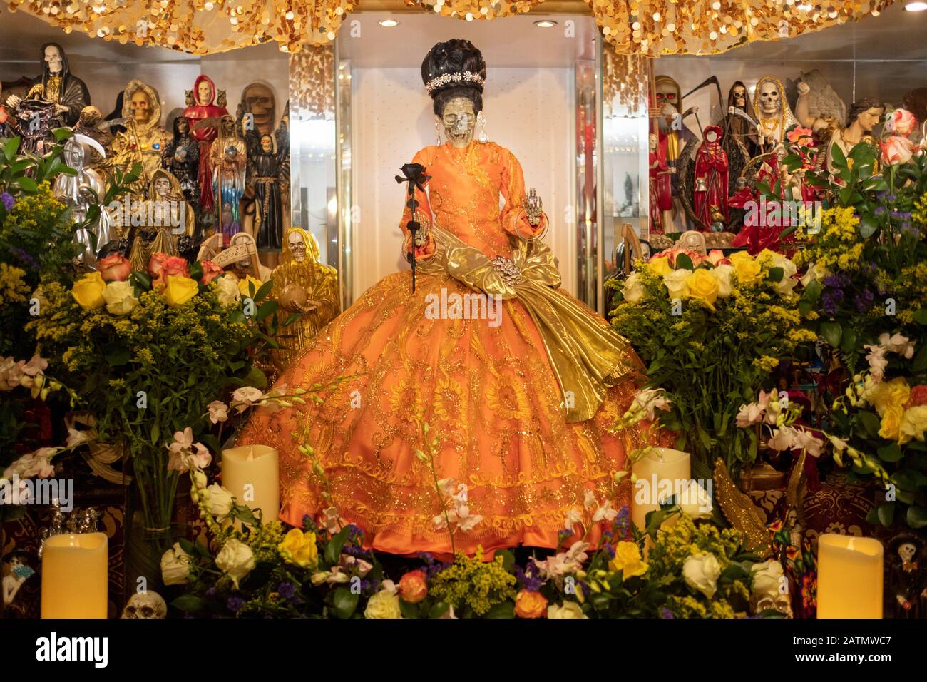 The ornately decorated alter at a Santa Muerte home temple in Jackson Heights, Queens, New York City. Stock Photo