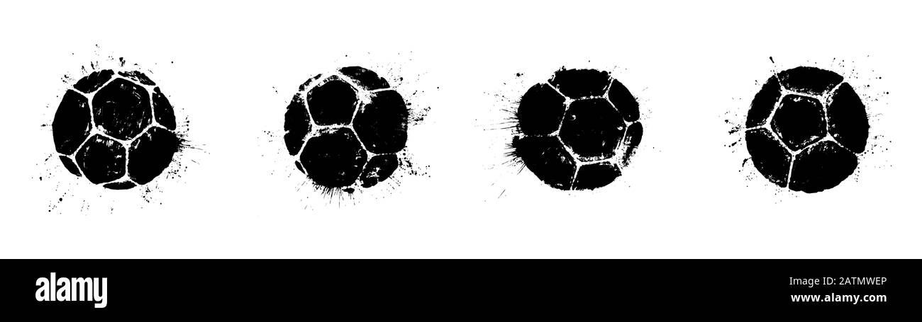 Grunge soccer ball abstract silhouettes set. Vector illustration of real soccer ball prints with splashes for your football poster or banner design Stock Vector