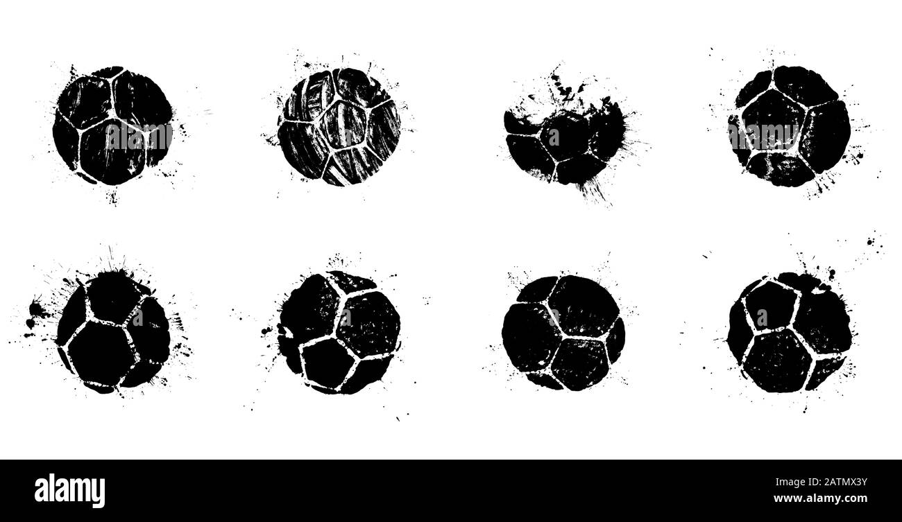 Grunge soccer balls set. Vector illustration of real soccer ball prints with splashes for your football poster, flyer or banner design Stock Vector