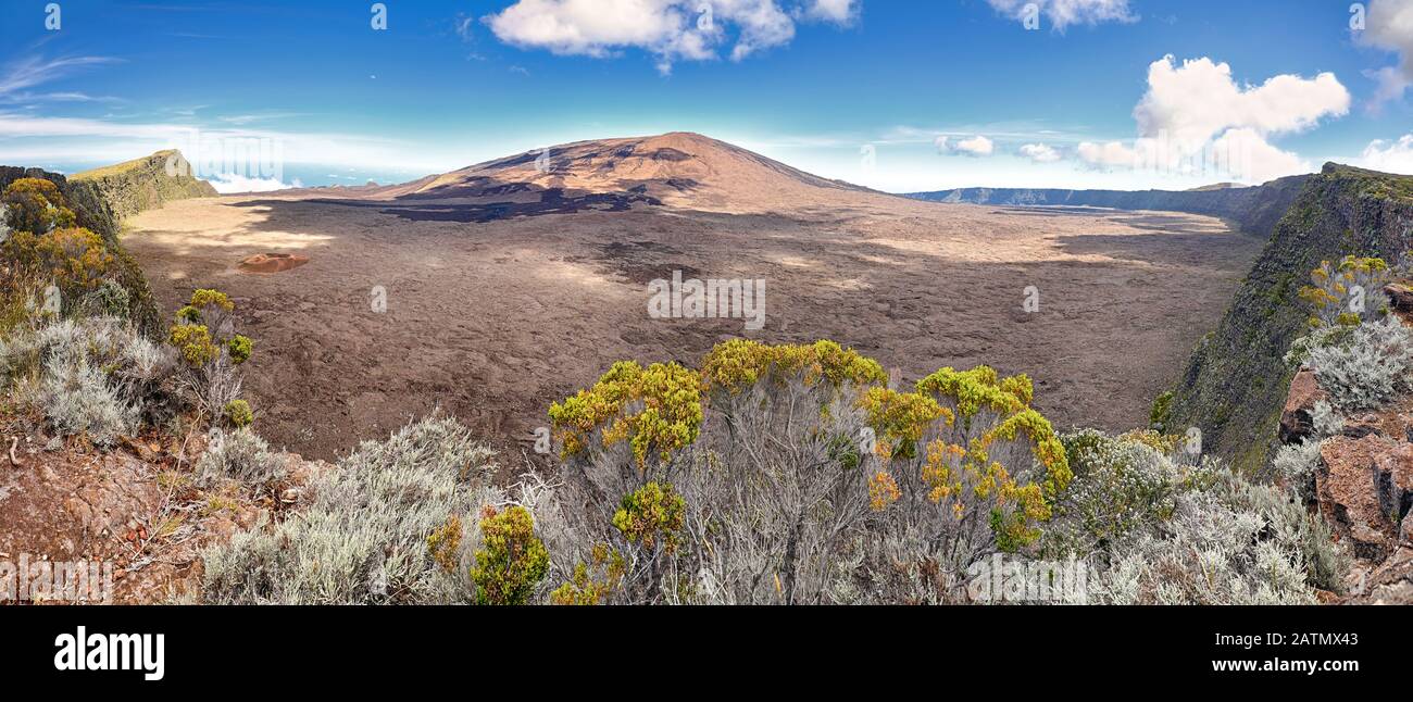 Panoramic view of the Caldeira of volcano Piton de la Fournaise at island La Reunion Stock Photo