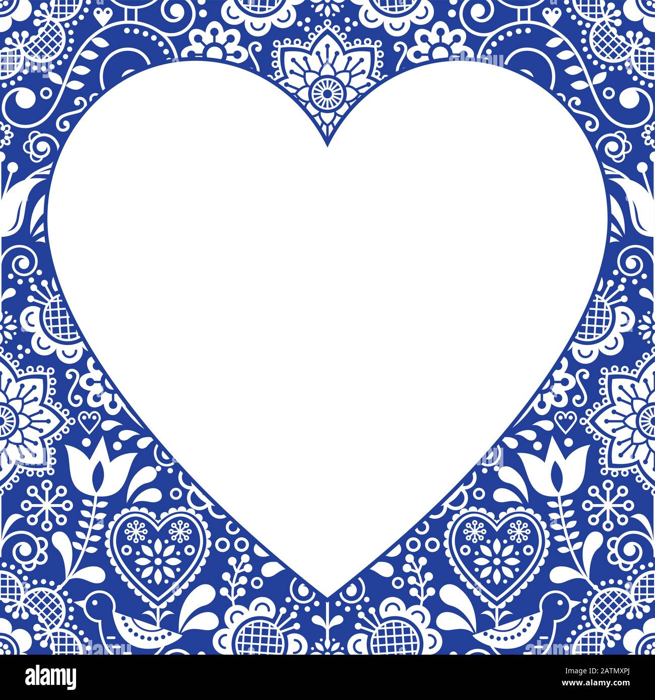 Valentine's Day greeting card, Folk heart vector design, Scandinavian floral background in white and navy blue Stock Vector