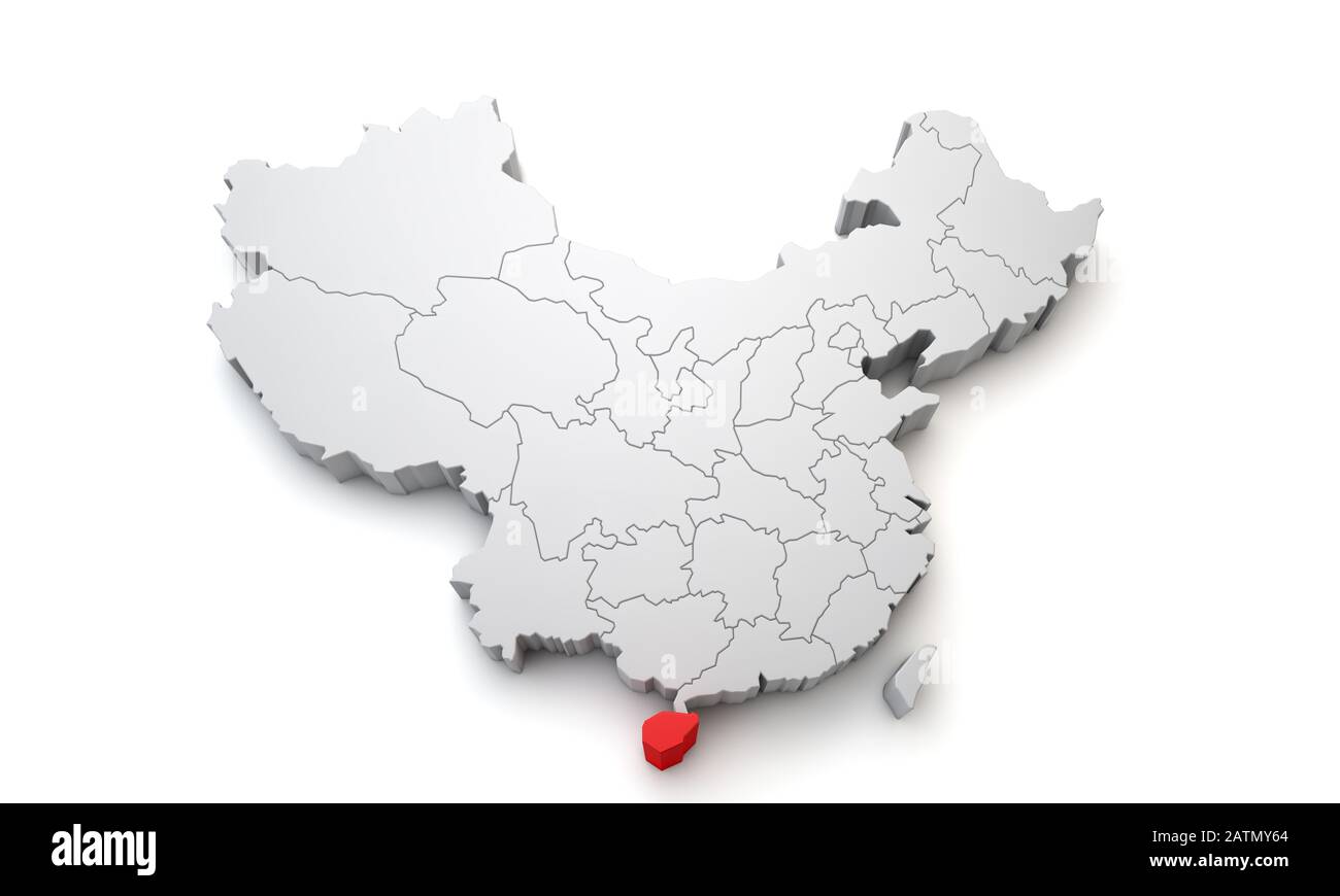 Map of China showing Hainan regional area. 3D Rendering Stock Photo