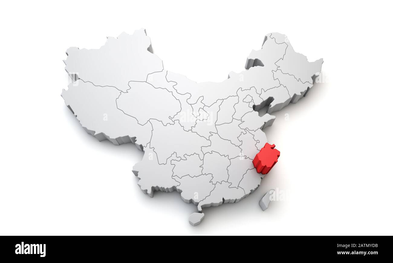 Map of China showing Zhejiang regional area. 3D Rendering Stock Photo
