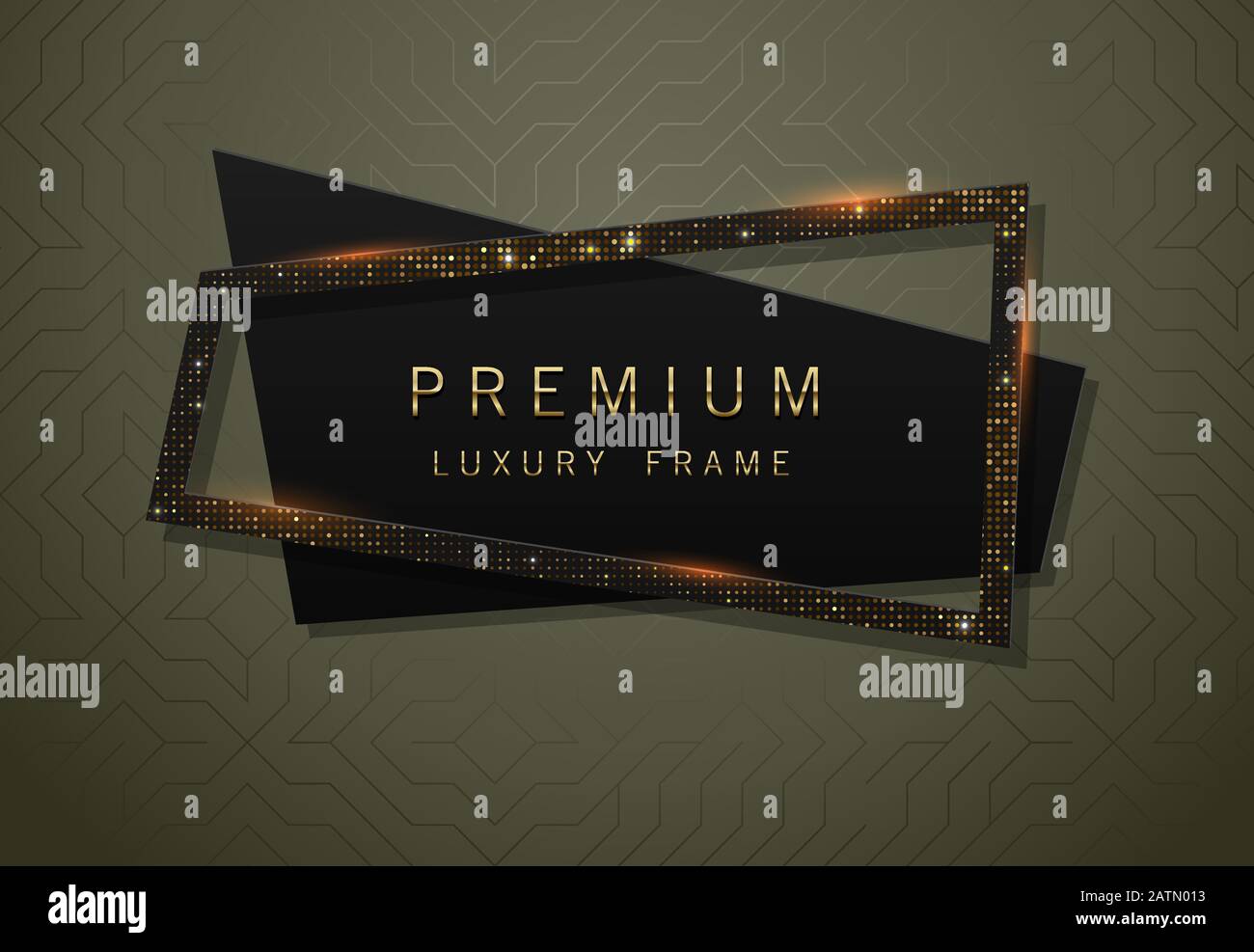 Vector geometric black banner with sparkling golden sequins frame. Premium label design for logo or cover tagline. Stock Vector