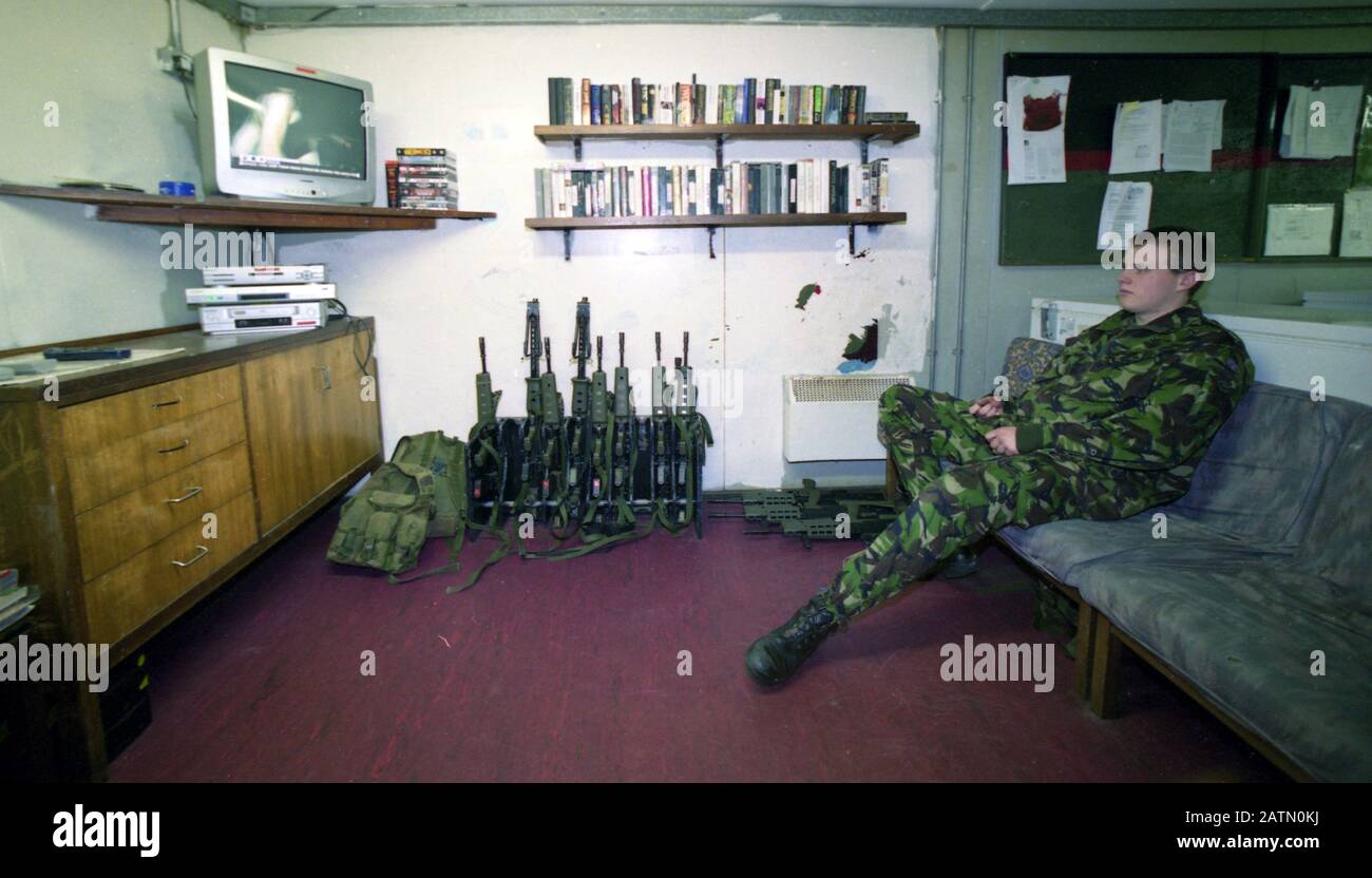 British Army manned one of the last watch towers named Golf Zero One  looking over the board area of south Armagh, Northern Ireland. Members of  the Parachute Regiment sit inside their steel