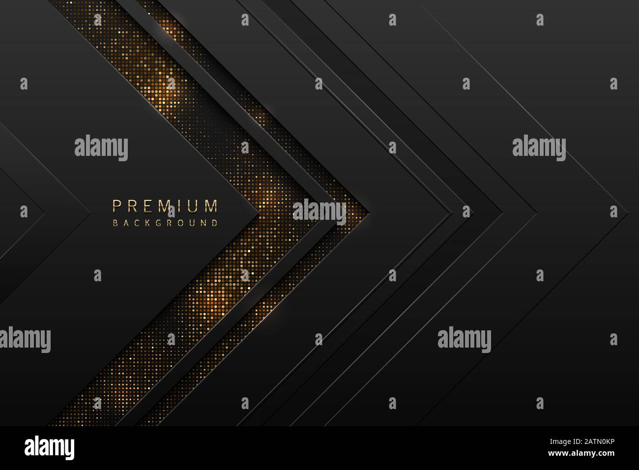 Vector abstract black layered background with golden halftone effect. Glitter dotted sparkles shine texture. Dark laminate material arrow shape. Stock Vector