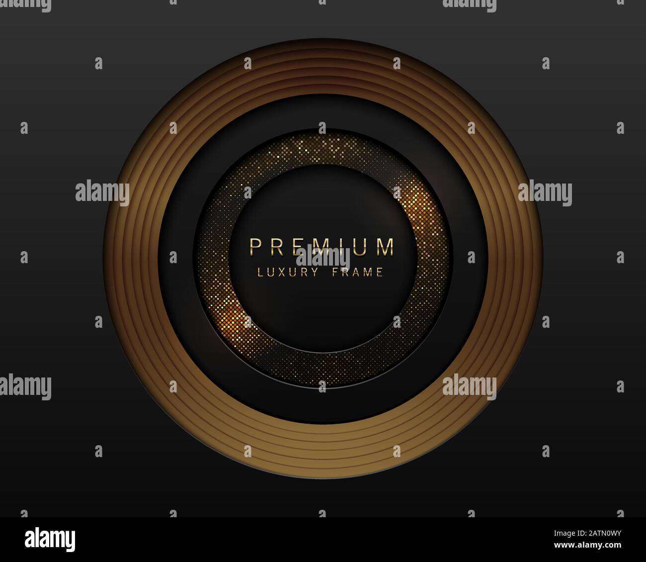 Vector black and gold abstract round luxury frame. Radial golden pattern, sparkling sequins on black background. Premium label design. Stock Vector