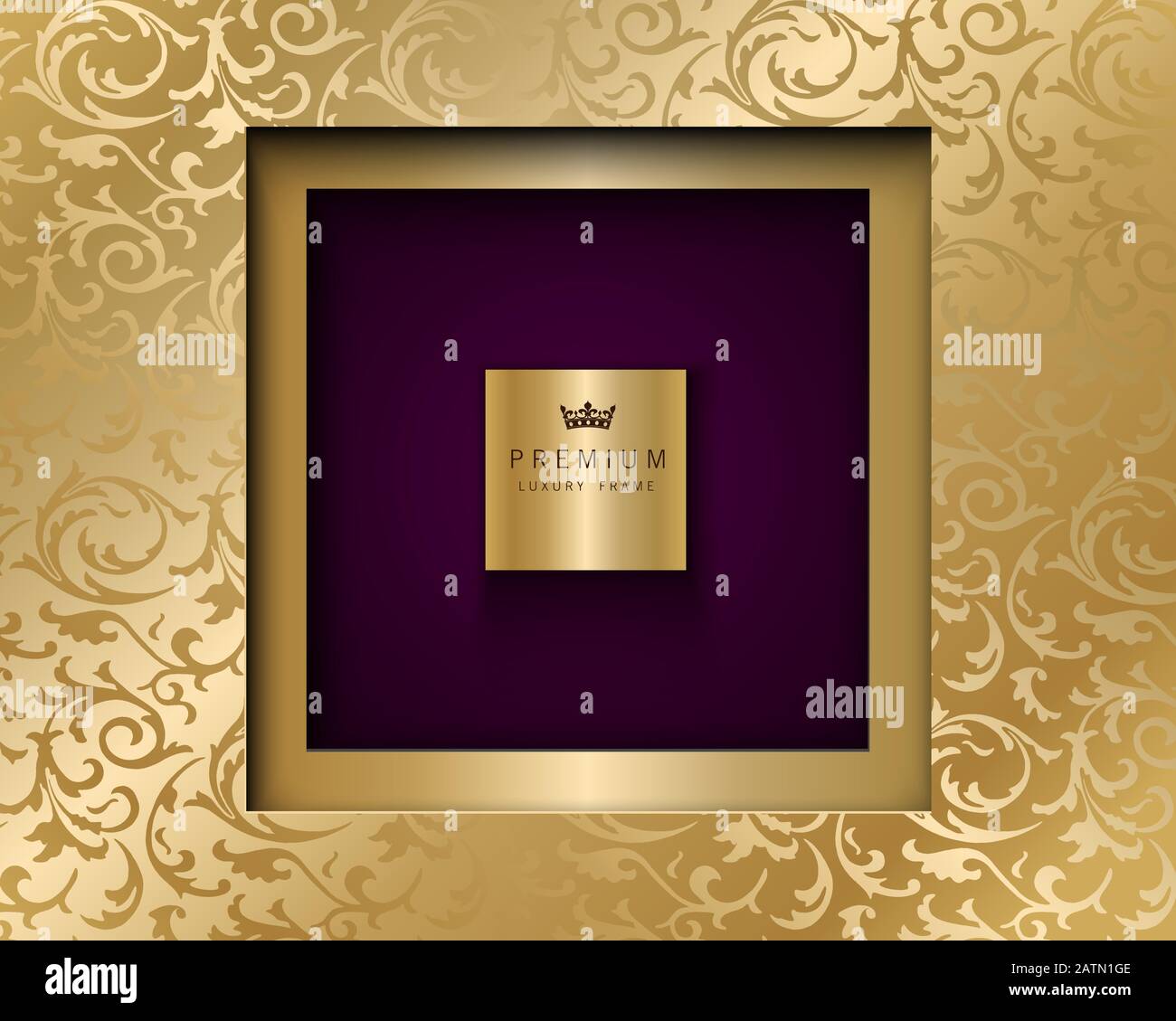 Vector luxury vintage square frame golden background. Vip invitation or announcement card paper cut design. Gold floral pattern and purple color Stock Vector