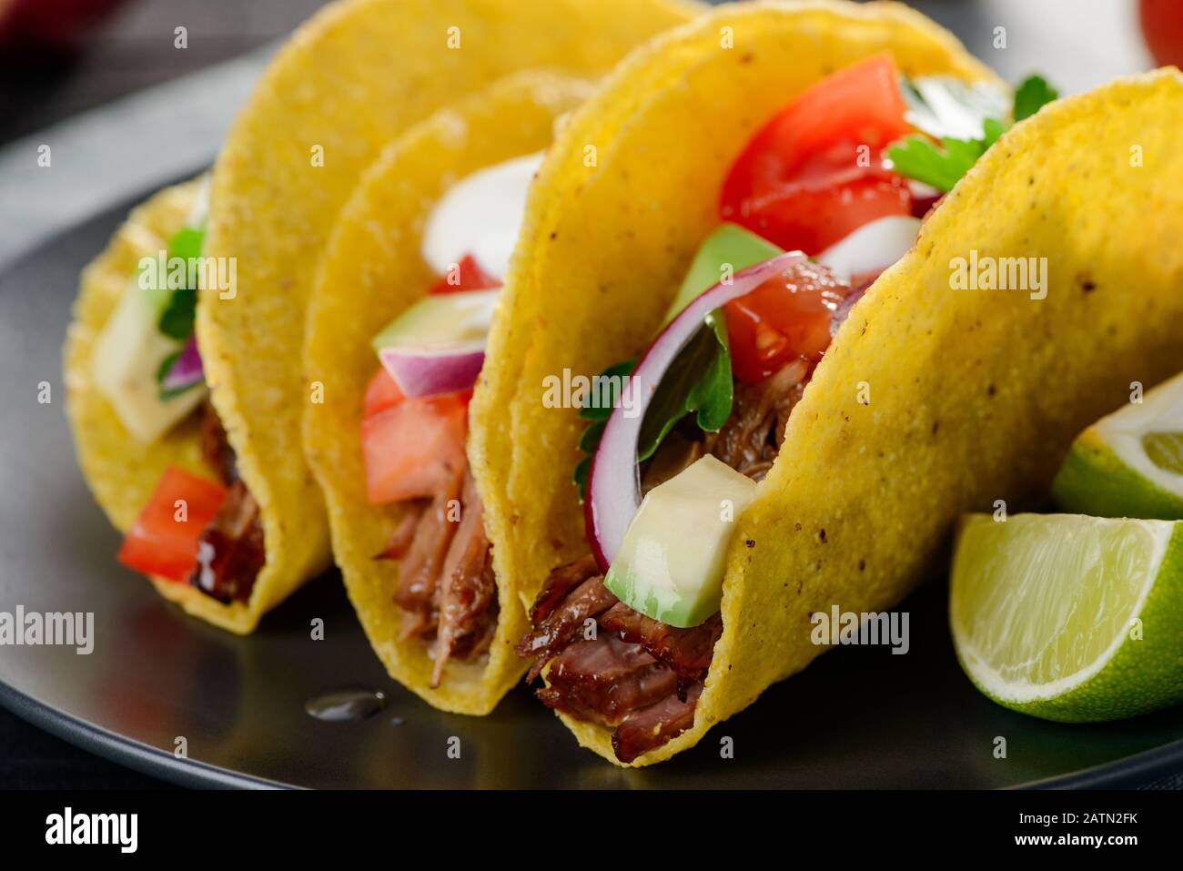 Closeup on hard shell tacos. Crispy tortillas Stock Photo Alamy