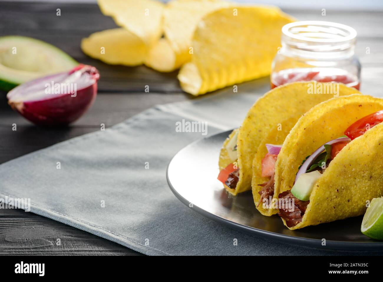 Homemade hardshell tacos. Cripsy corn tortillas Stock Photo Alamy