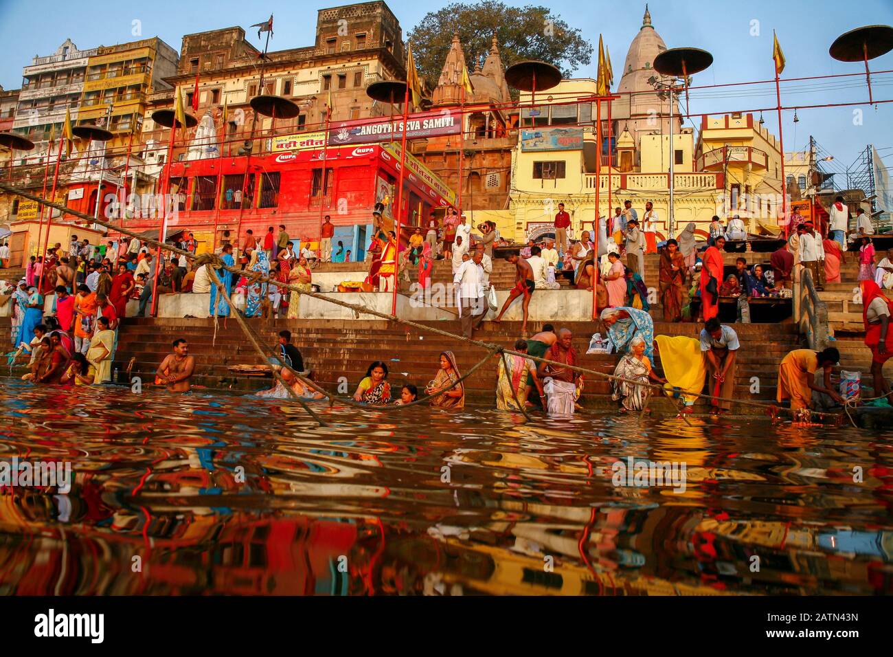 people at the Ganges in Varanasi Stock Photo