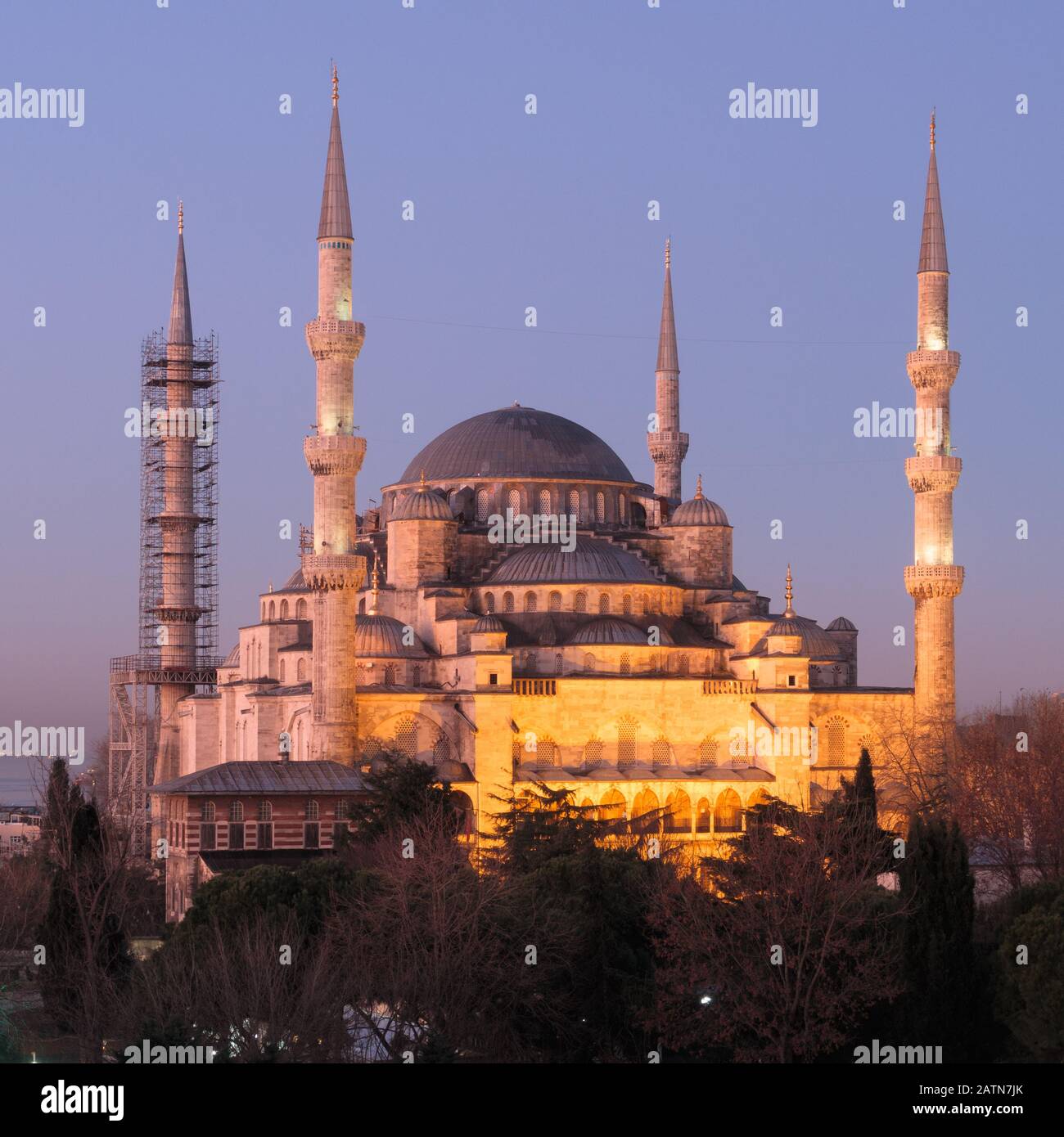 Istanbul, Turkey - Jan 11, 2020: Night top view over Sultan Ahmed Mosque or Blue Mosque, Sultanahmet, Istanbul, Turkey Stock Photo