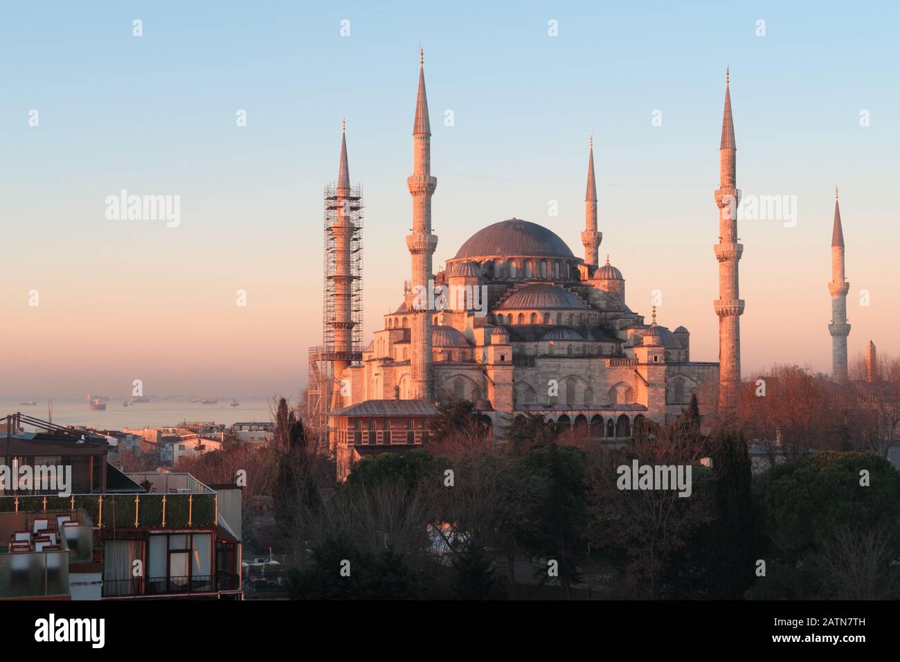 Istanbul, Turkey - Jan 11, 2020: top view over Sultan Ahmed Mosque or Blue Mosque, Sultanahmet, Istanbul, Turkey Stock Photo