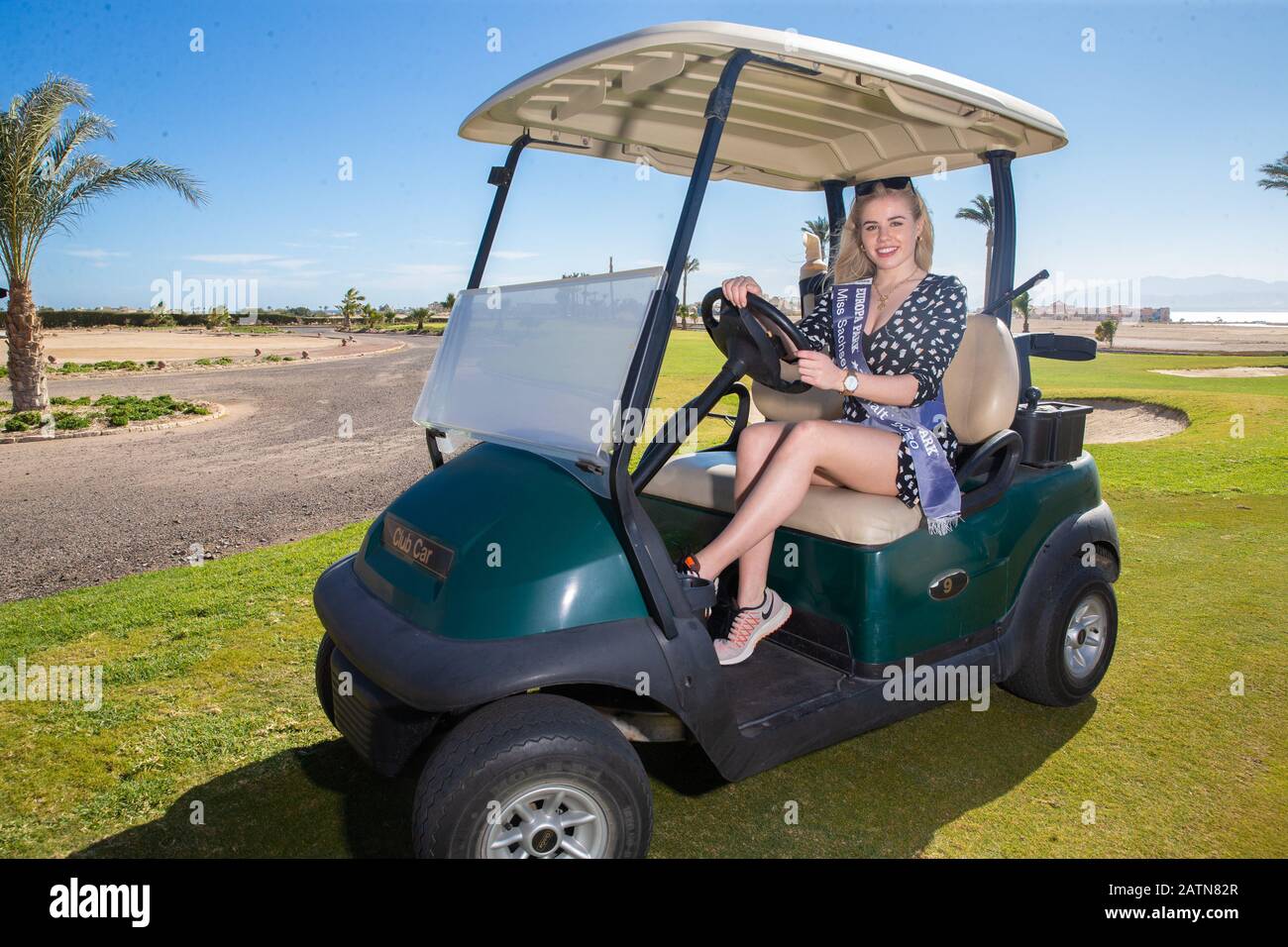 Hurghada, Egypt. 03rd Feb, 2020. Theresa Schultheiss, Miss Saxony-Anhalt,  in a golf cart during a photo session on the golf course of the hotel "The  Cascades". The "Miss Germany" election 2020 will