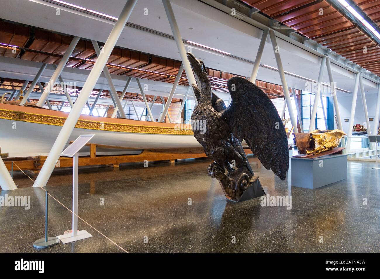 Istanbul, Turkey - Jan 12, 2020: imperial caiques, mostly from the 19th century, and ship figureheads  are displayed in The Istanbul Naval Museum, Tur Stock Photo