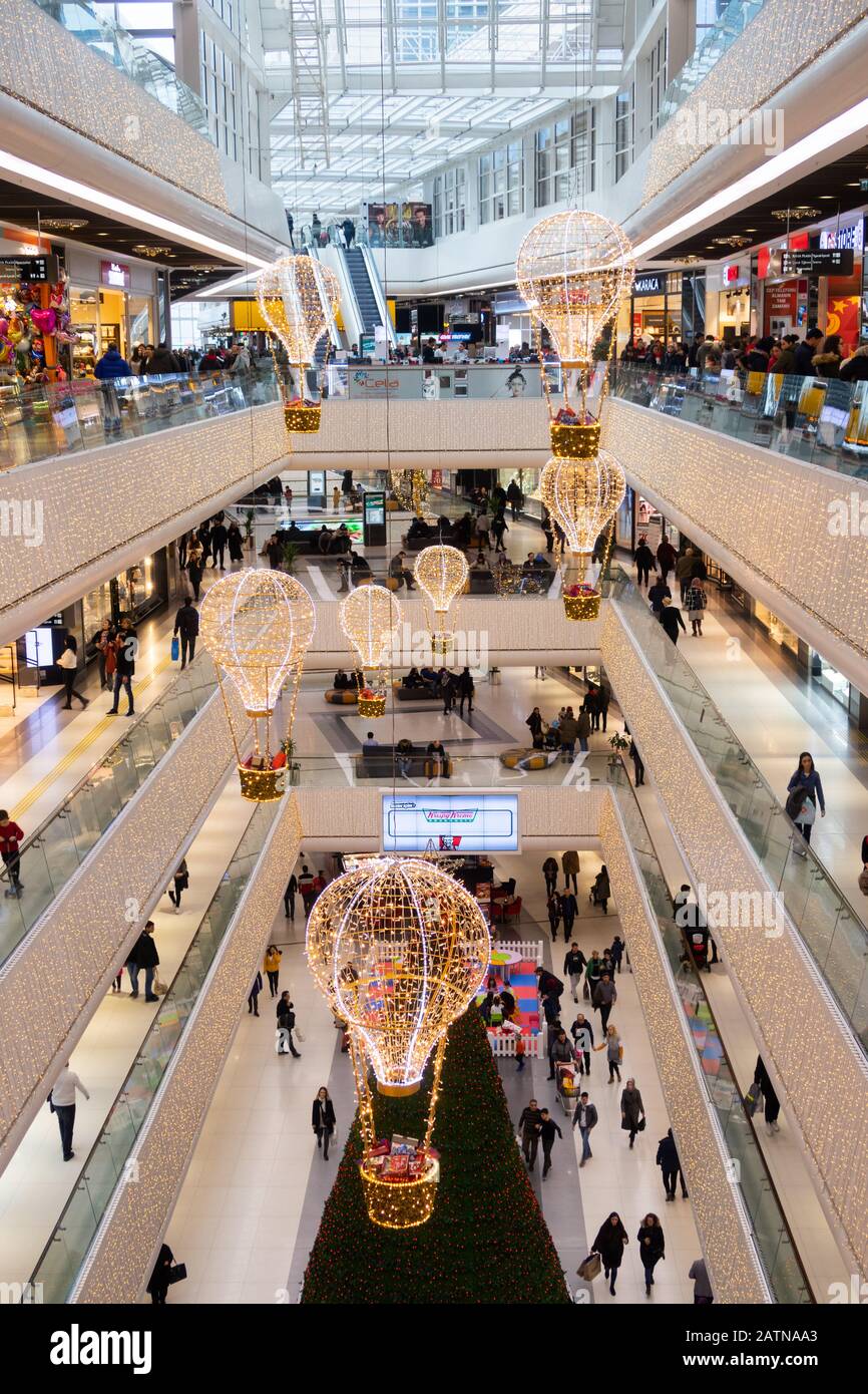Istanbul, Turkey - Jan 12, 2020: Interior of OzdilekPark Istanbul Shopping Center, Istanbul, Turkeyduring Christmas time. Istanbul, Turkey. Stock Photo