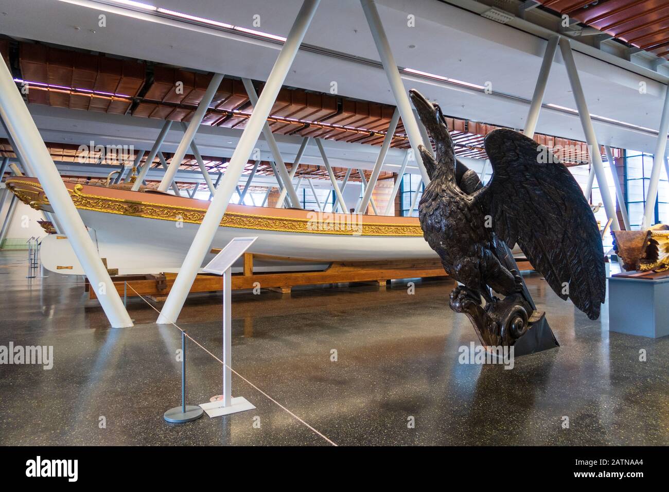 Istanbul, Turkey - Jan 12, 2020: imperial caiques, mostly from the 19th century, and ship figureheads  are displayed in The Istanbul Naval Museum, Tur Stock Photo