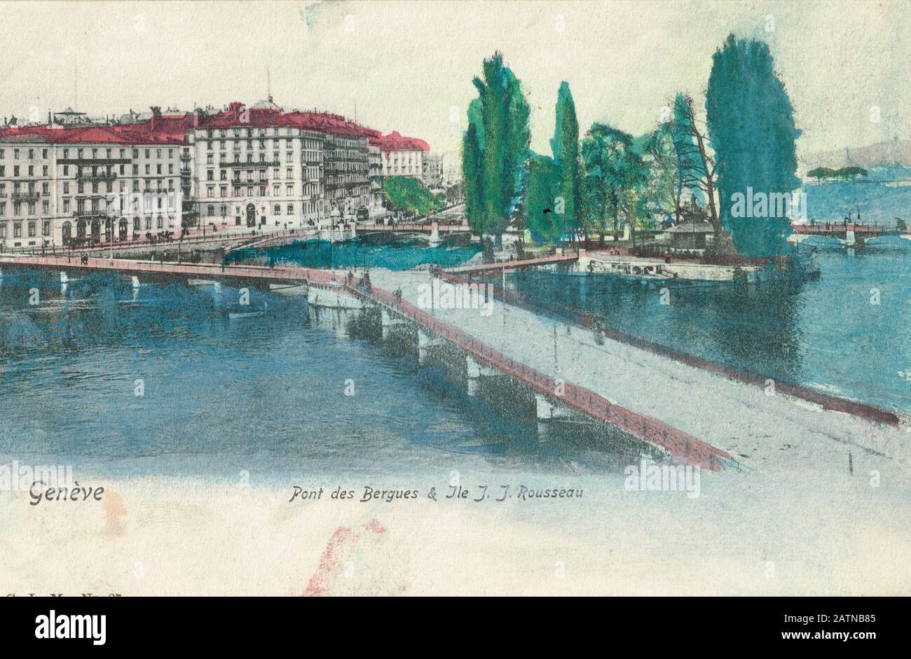 Vintage postcard, Bergues bridge and Jean-Jacques Rousseau island, Geneva, Swiss, Europe Stock Photo