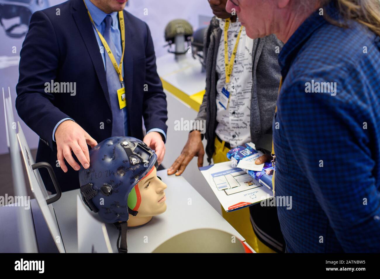 Berlin, Germany. 04th Feb, 2020. During the 25th European Police Congress, a member of staff will present the range of protective equipment for police officers to visitors. The motto of the event is 'Europe: Enforcing the Rule of Law'. Credit: Gregor Fischer/dpa/Alamy Live News Stock Photo