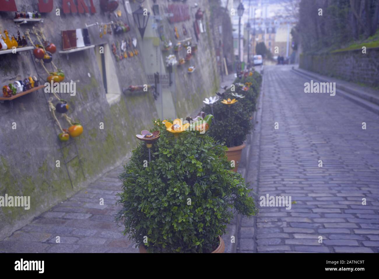 Garden ornaments on display along a cobbled lane in Paris, pasakdek Stock Photo