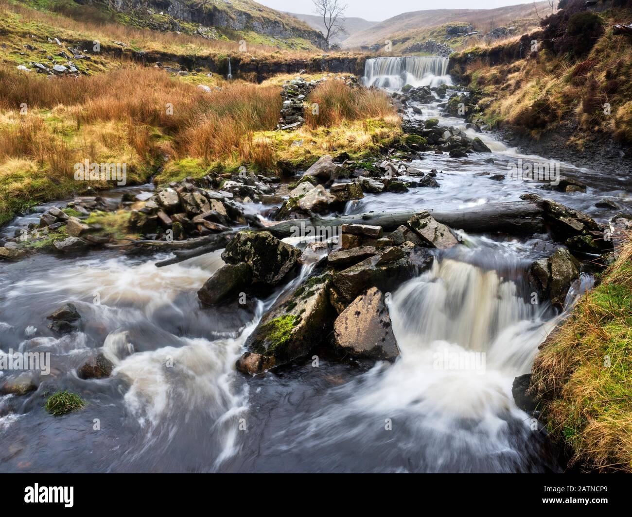 Waterfalls in Force Gill near Ribblehead Yorkshire Dales National Park England Stock Photo