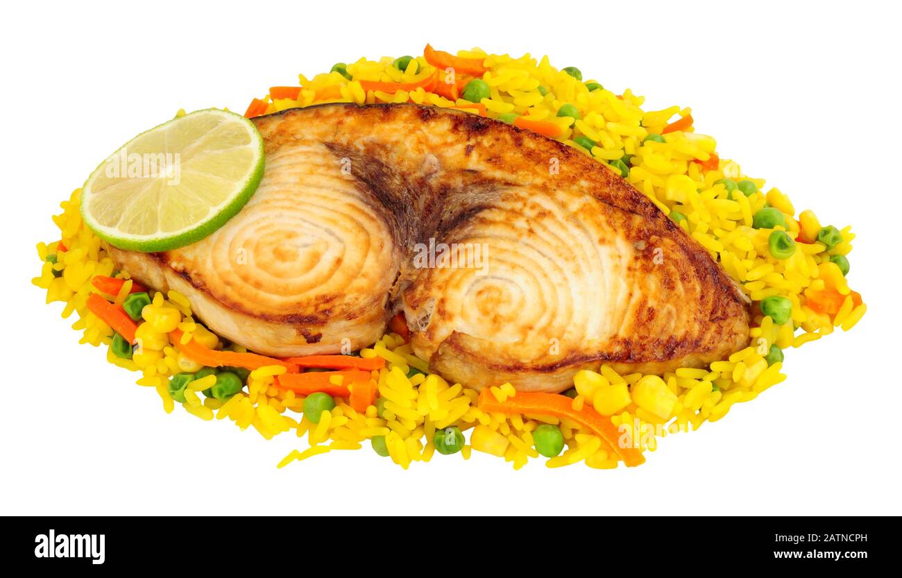 Grilled swordfish loin steak and vegetable rice meal isolated on a white background Stock Photo