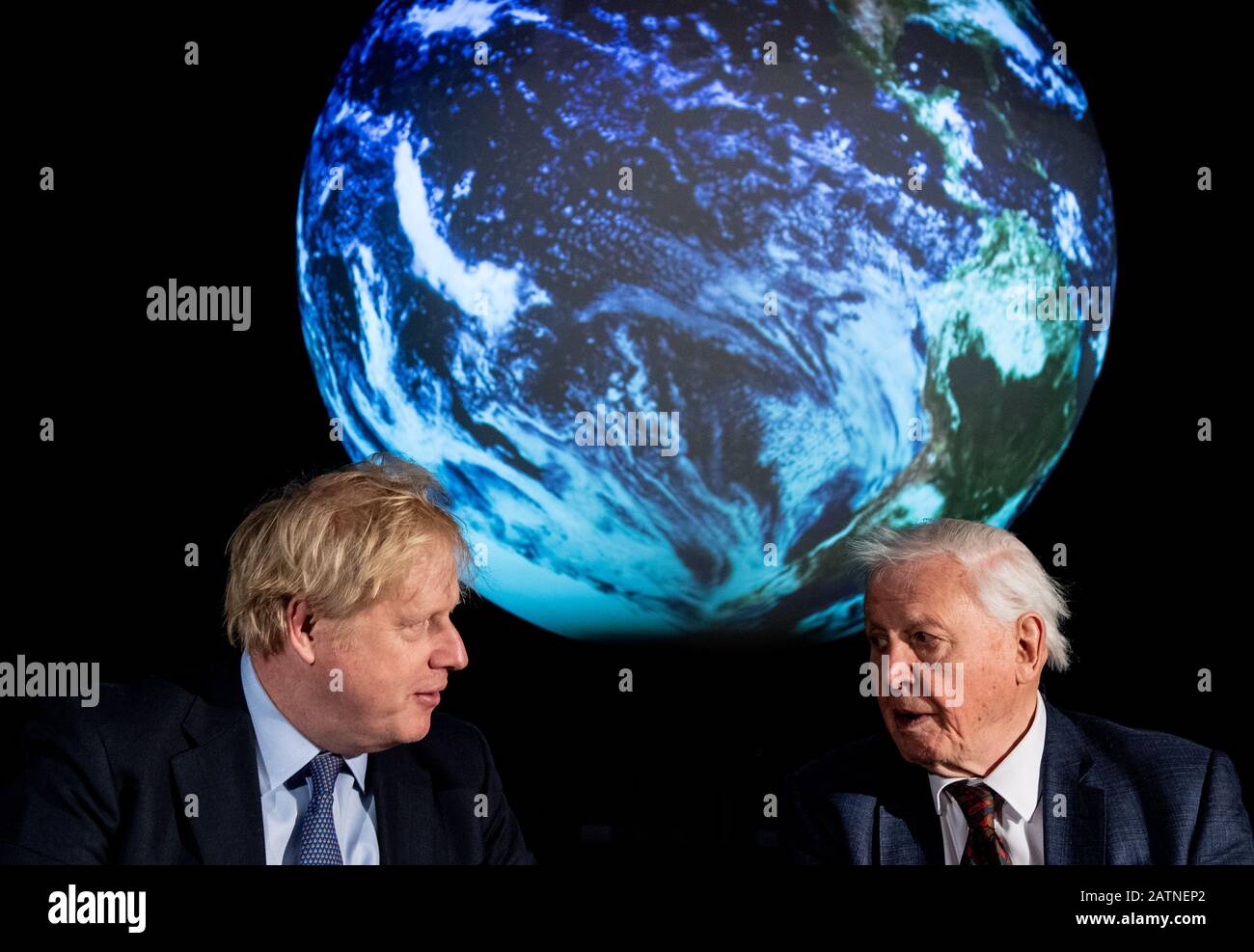 The Prime Minister Boris Johnson (left) and Sir David Attenborough at the launch of the next COP26 UN Climate Summit at the Science Museum, London. Stock Photo