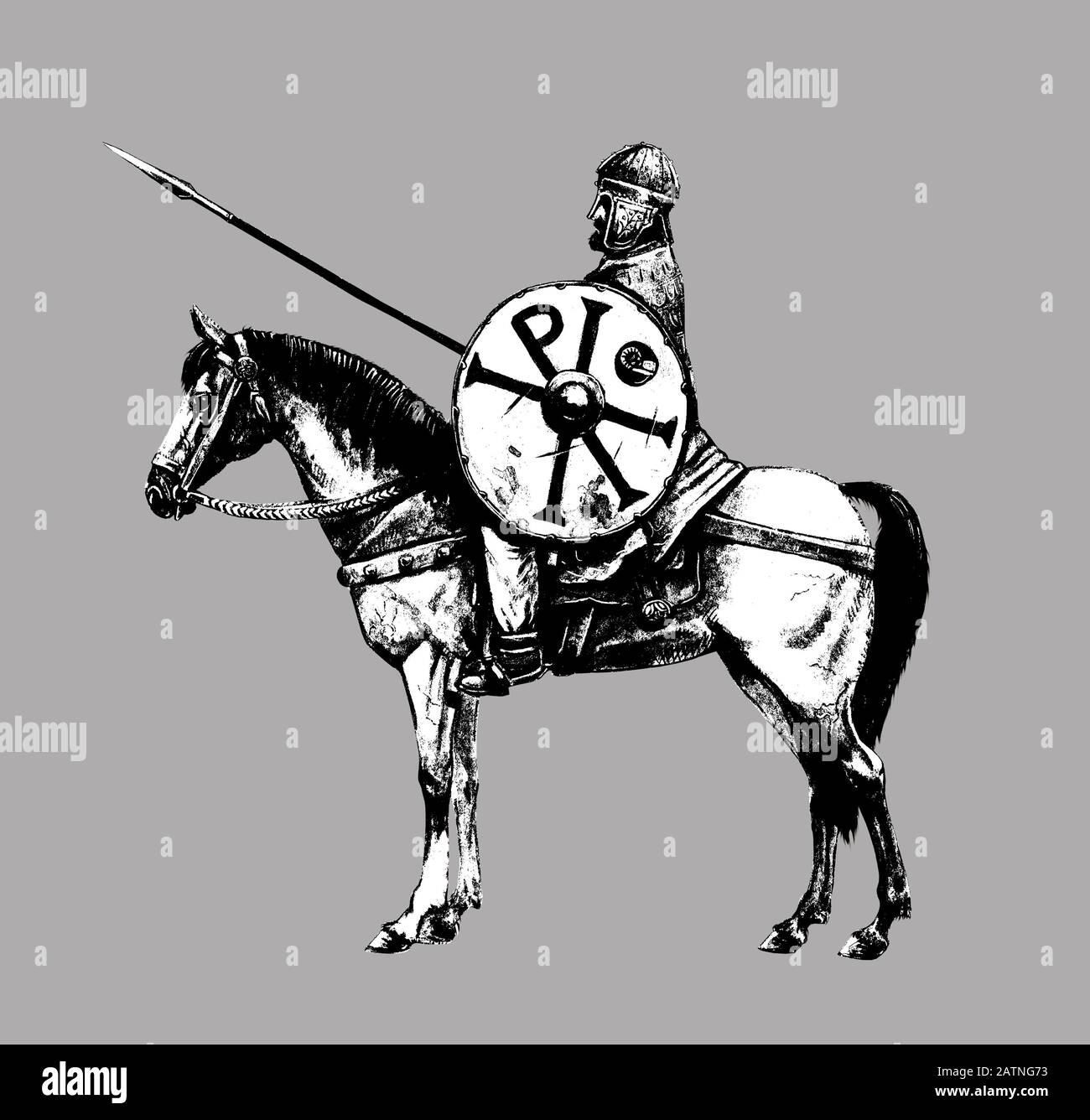 Ancient byzantine rider. Ancient warrior on horseback. Chi Rho on the knight's shield. Black white Illustration. Stock Photo