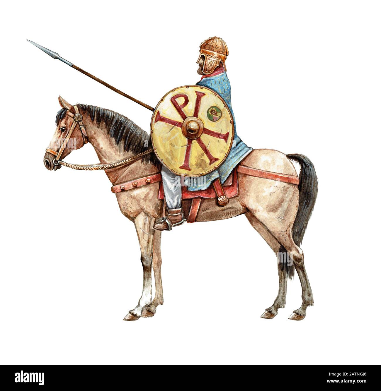 Ancient byzantine rider. Ancient warrior on horseback. Chi Rho on the knight's shield. Book Illustration. Stock Photo