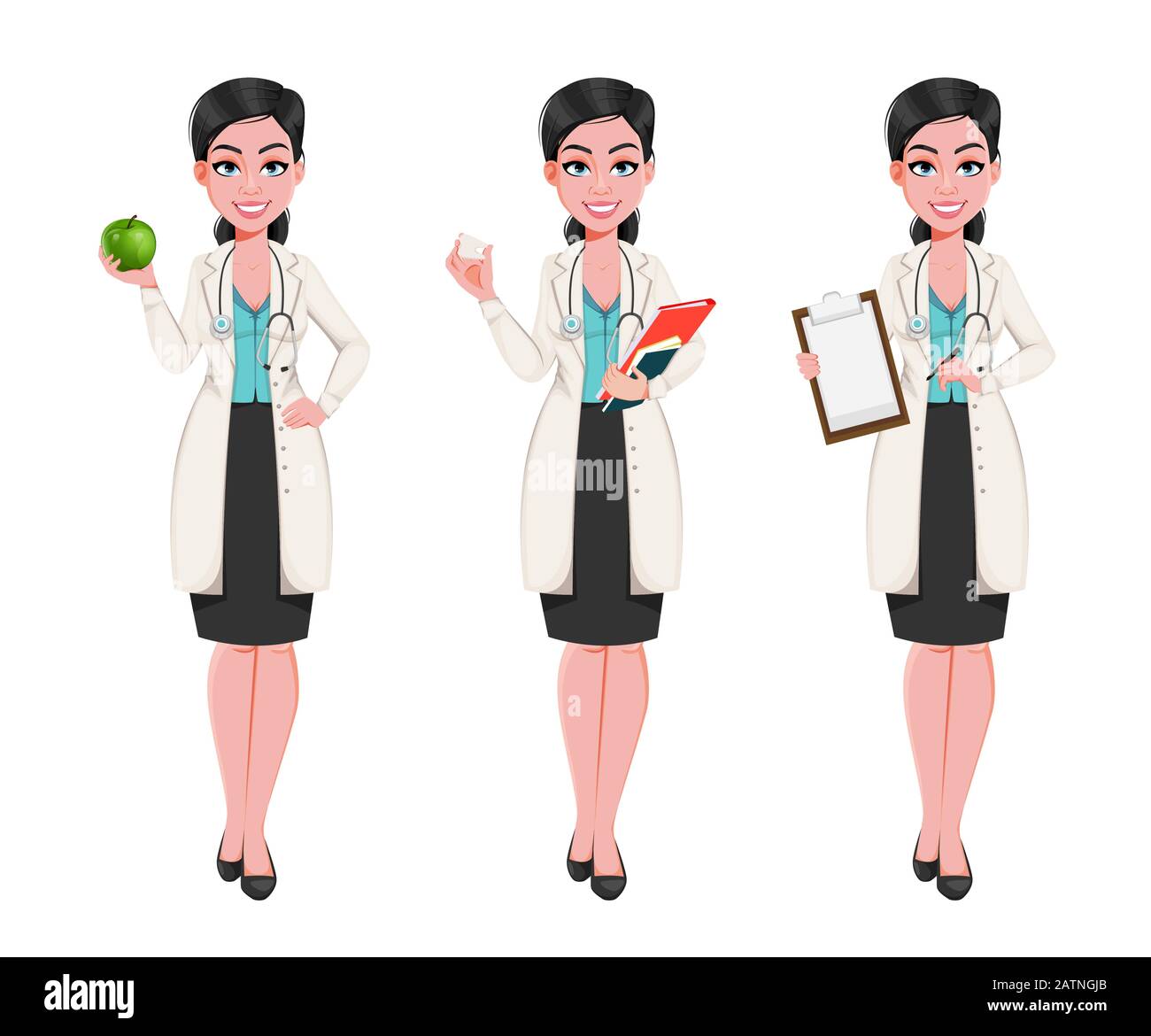 Medical doctor woman, set of three poses. Attractive confident female doctor cartoon character holding apple, holding tooth model and holding clipboar Stock Vector