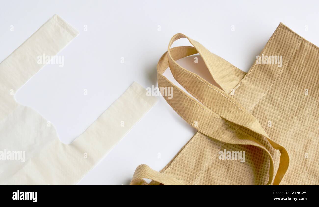 fabric and plastic bag optional for environment concern on white background Stock Photo