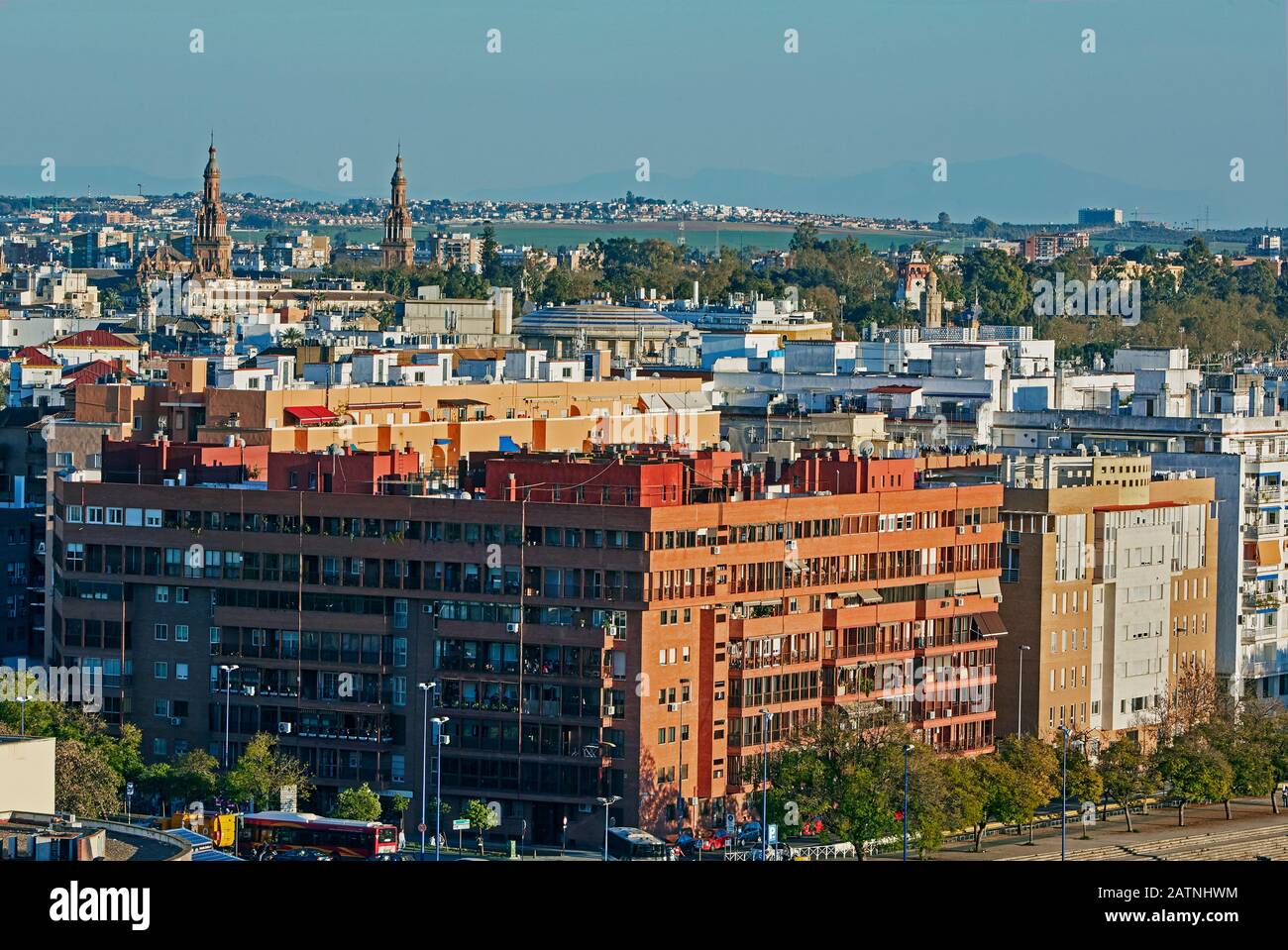 Aerial view of the city centre of Seville with spires of the 'Plaza de
