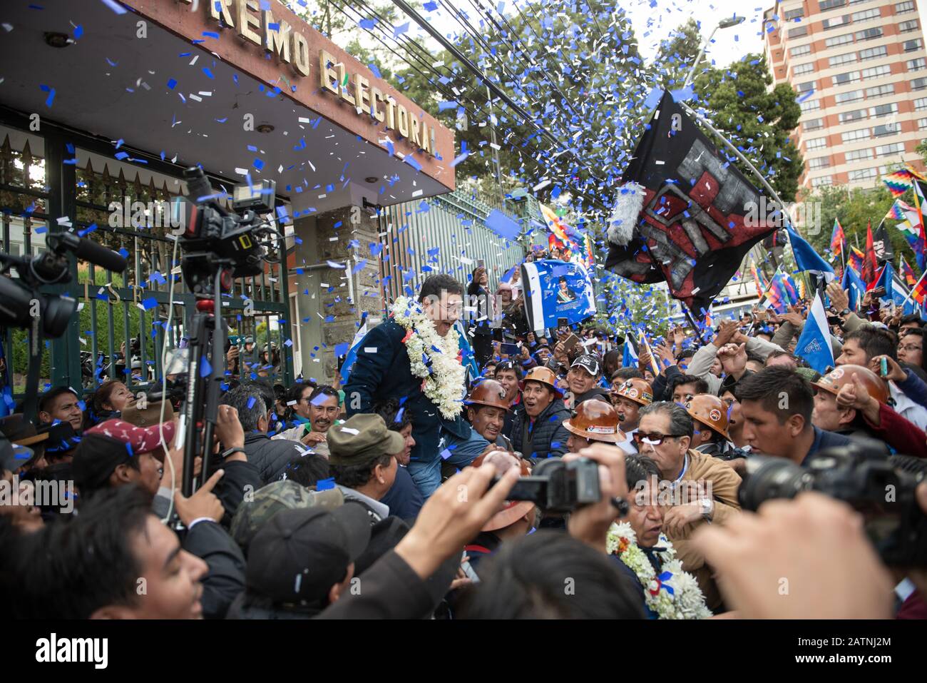 La Paz, Bolivia. 3rd Feb 2020.  Presidential candidate for the MAS party (Movement for Socialism) Luis Arce leaves the Supreme Electoral Court in La Paz after officially registering as a candidate. He was selected by former Bolivian president Evo Morales who isn´t allowed to run in this election. Radoslaw Czajkowski/ Alamy Live News Stock Photo