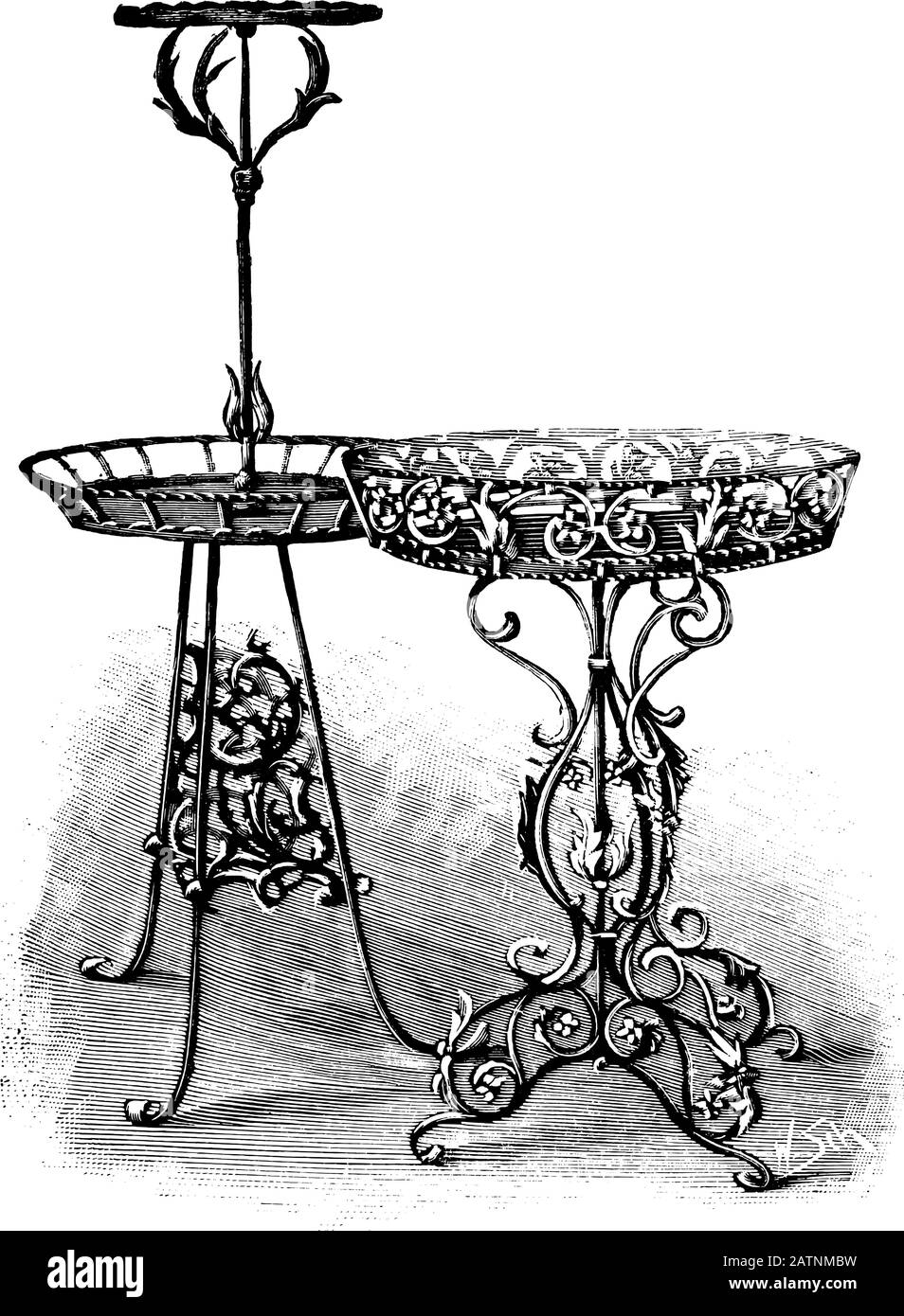 Antique vintage line art illustration, engraving or drawing of ornamental beautiful cast iron plant stands or tables . From book Plants in Room, Prague, 1898. Stock Vector