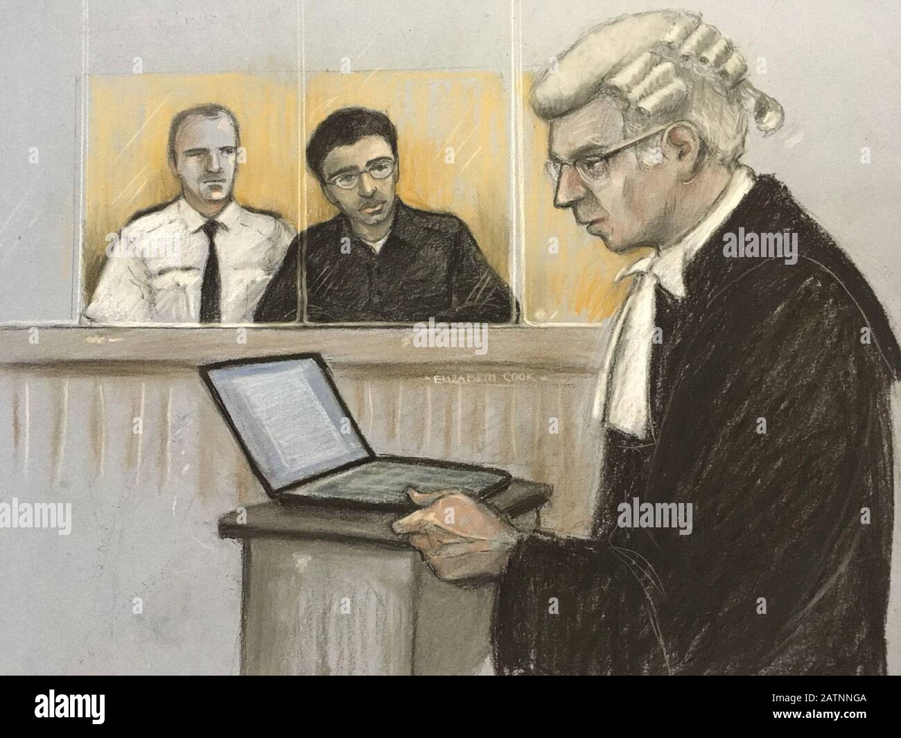 Court artist sketch dated 27/01/20 by Elizabeth Cook of Duncan Penny QC (prosecution) on his feet as Hashem Abedi, younger brother of the Manchester Arena bomber, sits in the dock at the Old Bailey in London accused of mass murder. Stock Photo