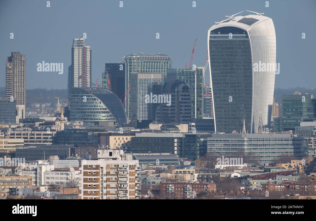 General view of the London skyline, as seen from One Tree Hill, showing (from left) the Barbican, City Hall, 20 Fenchurch Street (also known as the Walkie Talkie).PA Photo. Picture date: Tuesday February 4, 2020. Photo credit should read: Dominic Lipinski/PA Wire Stock Photo