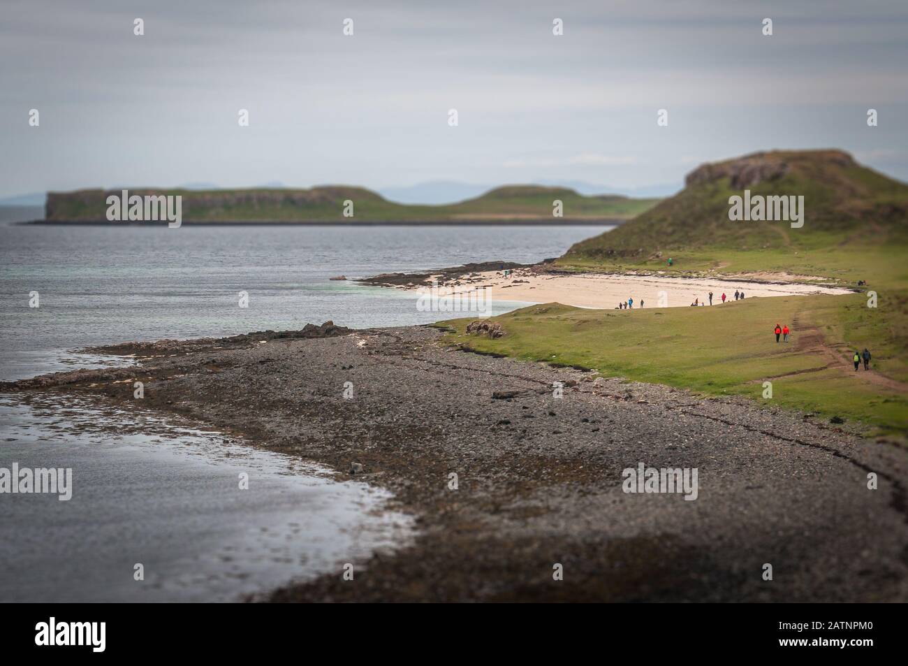 Tilt shift effect of white and black beaches with turquoise sea, Isle of Skye Stock Photo