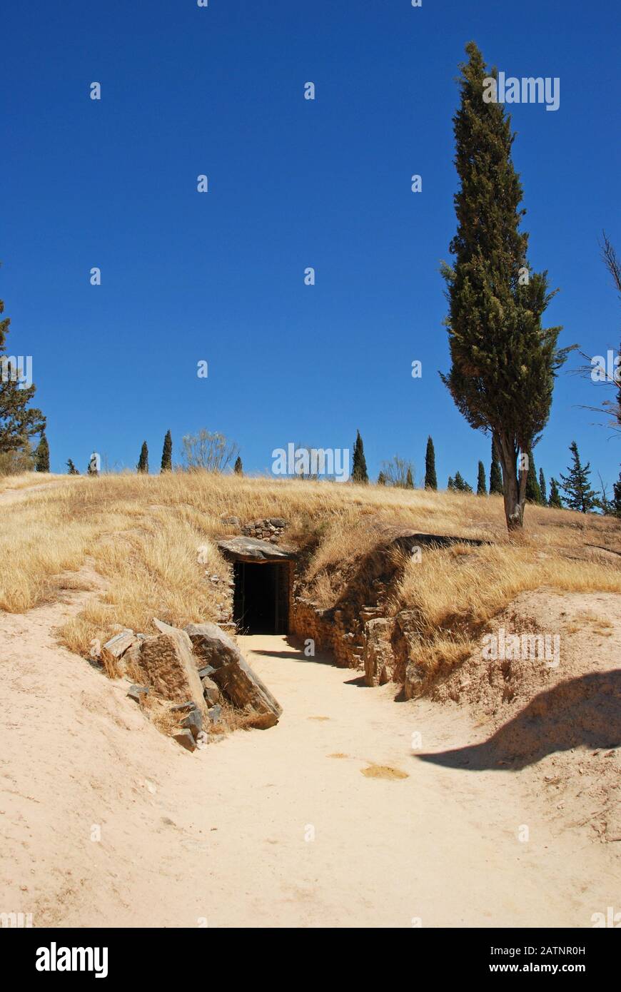 Entrance to the Dolmen de Romeral, The Dolmens, Antequera, Malaga Province, Andalucia, Spain. Stock Photo