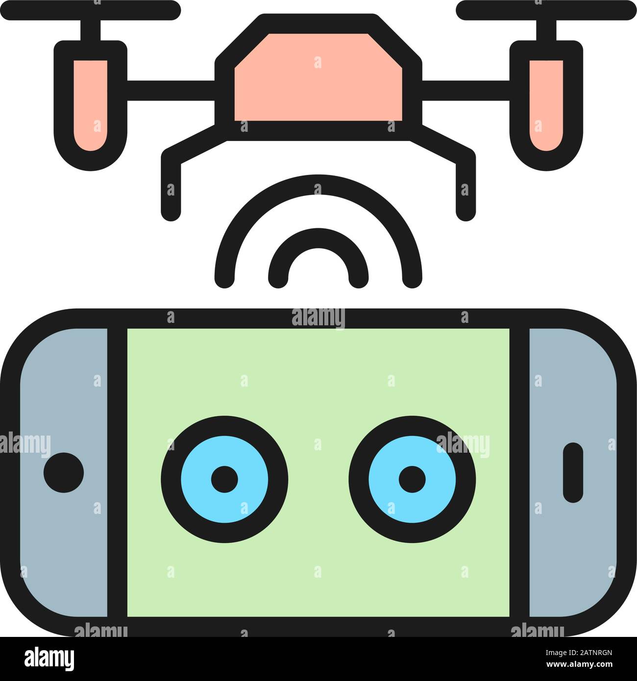 Drone with control panel, mobile remote controller flat color line icon. Stock Vector