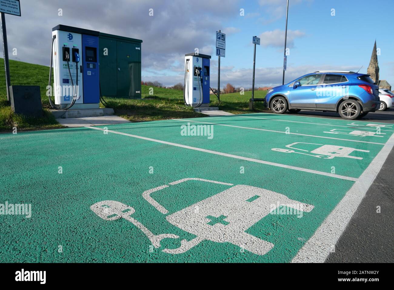 Electric vehicle charging points at Tynemouth on the day that the government announced that it will consult on bringing forward the planned ban on the sale of new petrol and diesel vehicles from 2040 to 2035 - and earlier if possible. Stock Photo