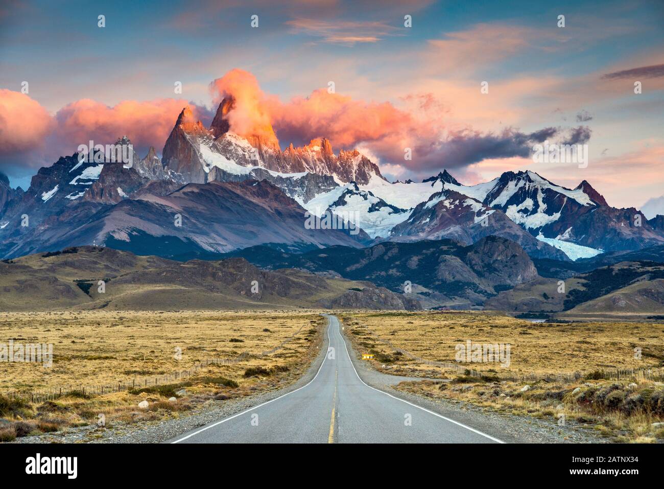 Cerro Fitz Roy range at sunrise, Andes Mountains, Los Glaciares National Park, view from road to El Chalten, Patagonia, Argentina Stock Photo