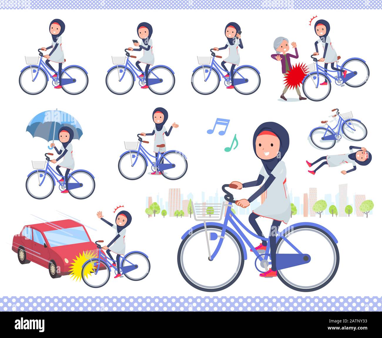 A set of women wearing hijabriding a city cycle.There are actions on manners and troubles.It's vector art so it's easy to edit. Stock Vector