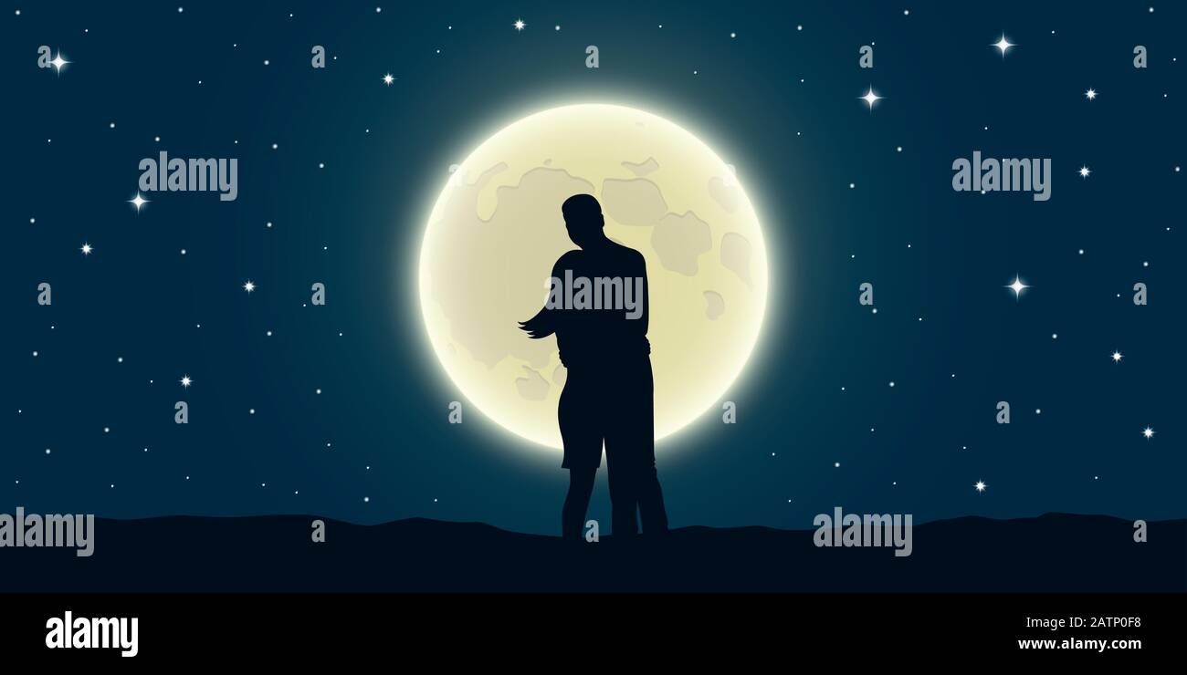 Romantic Night Loving Couple Is Looking At The Full Moon Vector Illustration Eps10 Stock Vector Image Art Alamy